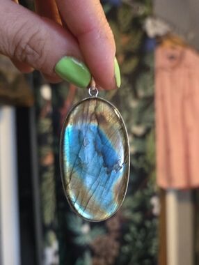 Sterling Silver & Labradorite Huge Oval Gemstone Pendant Charm